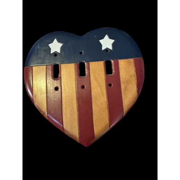 VTG 80s american heart switch plate cover DERKS wood Stars & Stripes Farmhouse - Picture 2 of 7